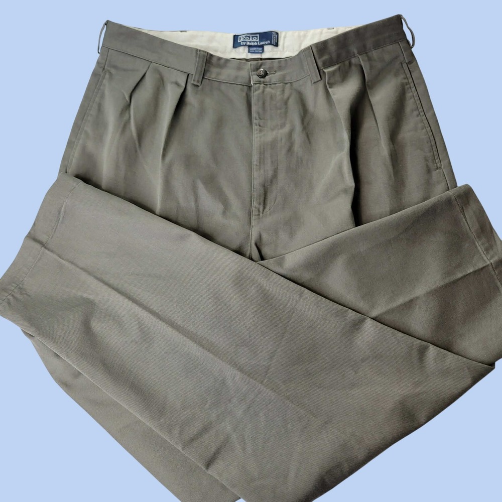 VTG Polo Ralph Lauren Andrew Pant Men 38x34 (Fits 36-37)Olive Gray Pleated khaki